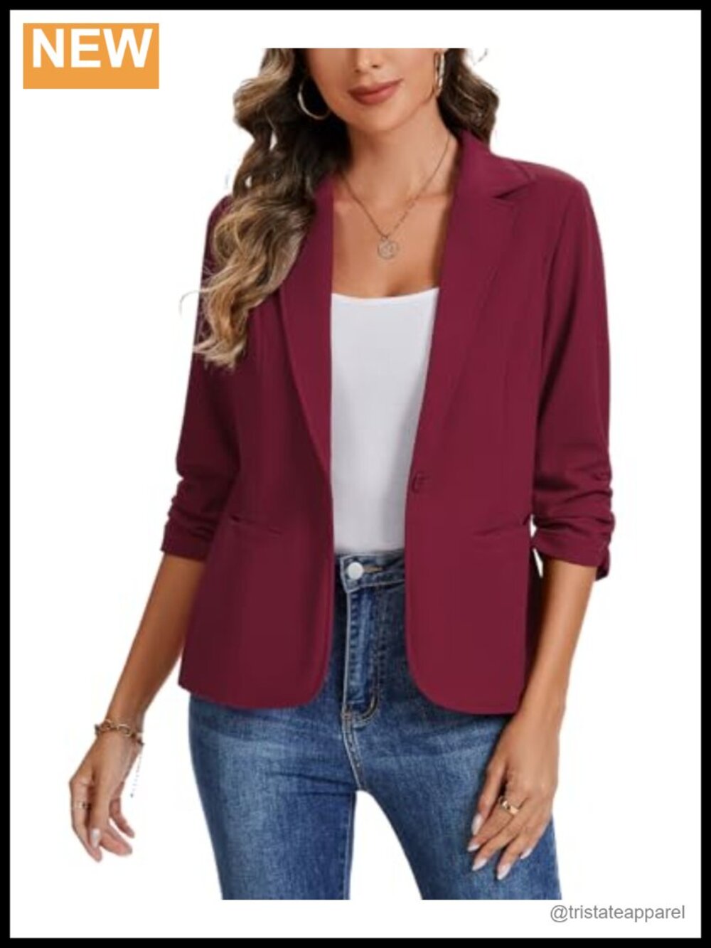 Women's Ruched 3/4 Sleeve Blazer Button Front Notch Lapel Jacket with Pockets